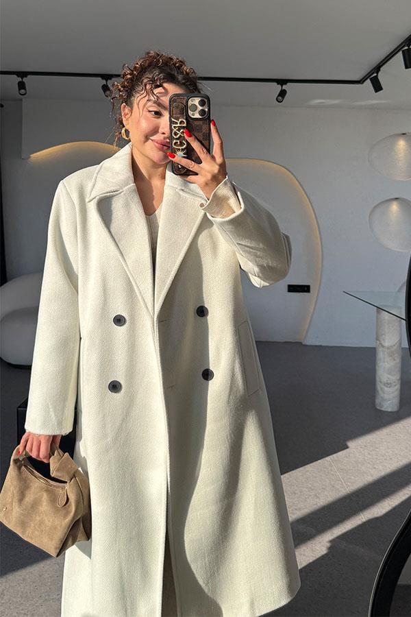 Daria Taş Çizgili Midi Kaşe Kaban