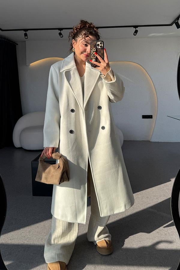 Daria Taş Çizgili Midi Kaşe Kaban