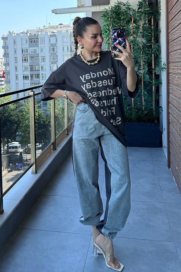 Days Baskılı Kot Karışım Sweat Takım - Füme