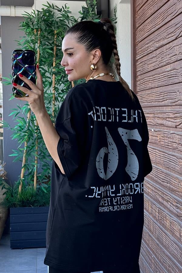 Days Baskılı Kot Karışım Sweat Takım - Siyah