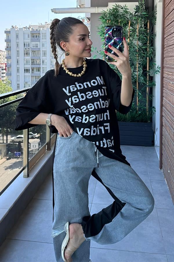 Days Baskılı Kot Karışım Sweat Takım - Siyah