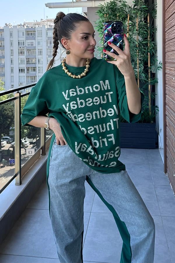 Days Baskılı Kot Karışım Sweat Takım - Yeşil