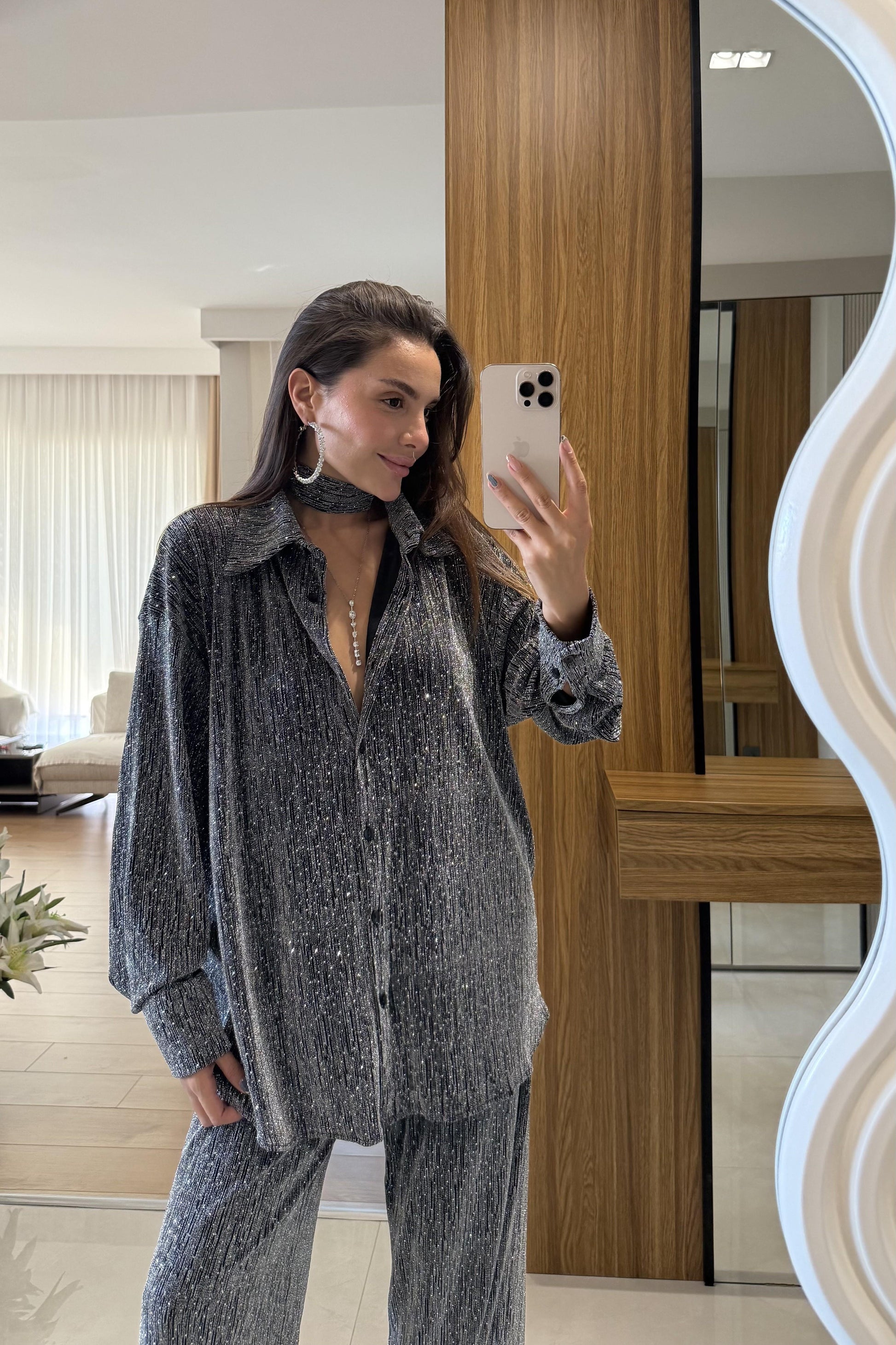 De Liano Gümüş Şal Detaylı Taşlı Takım