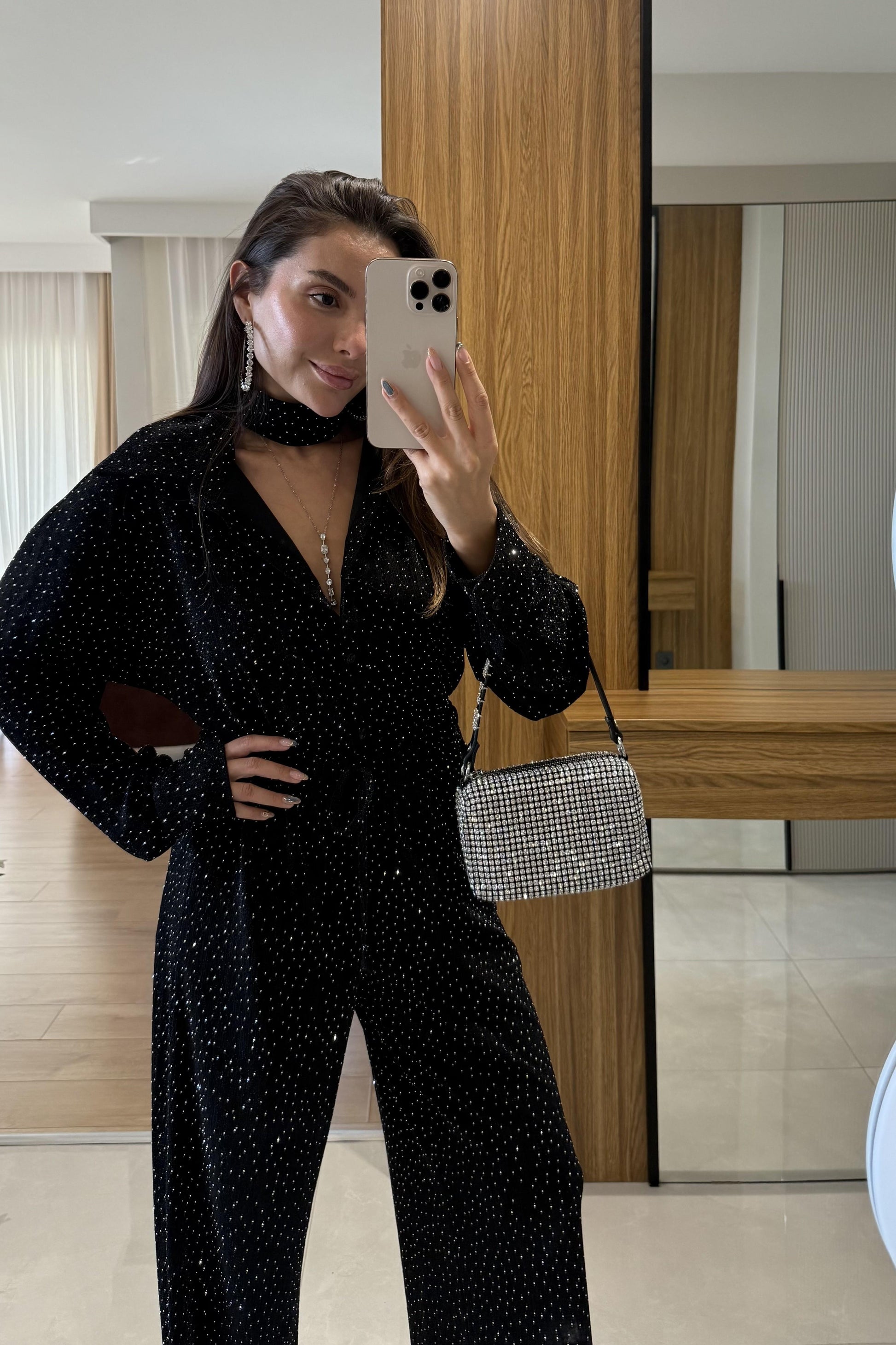 De Liano Siyah Şal Detaylı Taşlı Takım