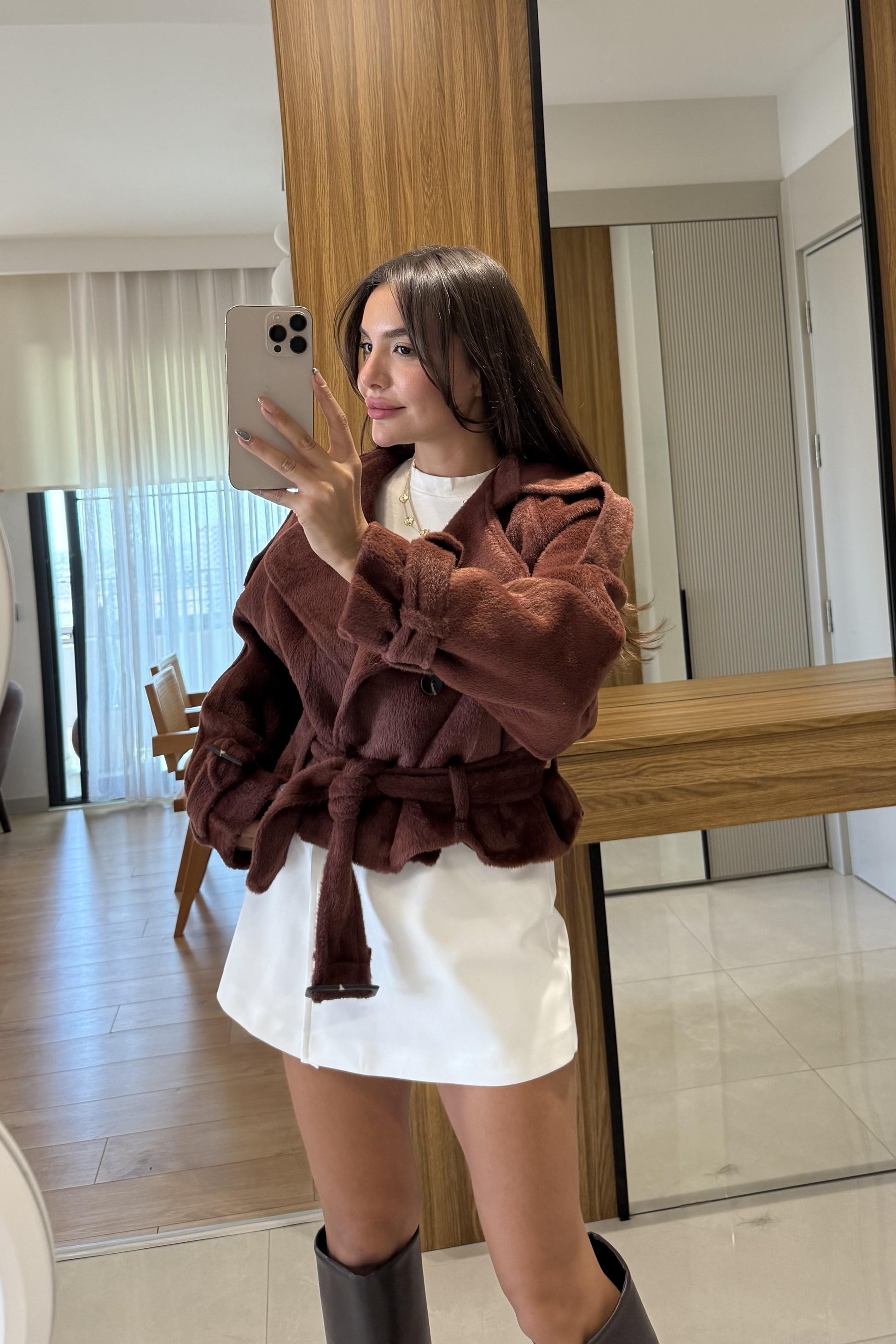 Devida Kiremit Kemerli Peluş Ceket