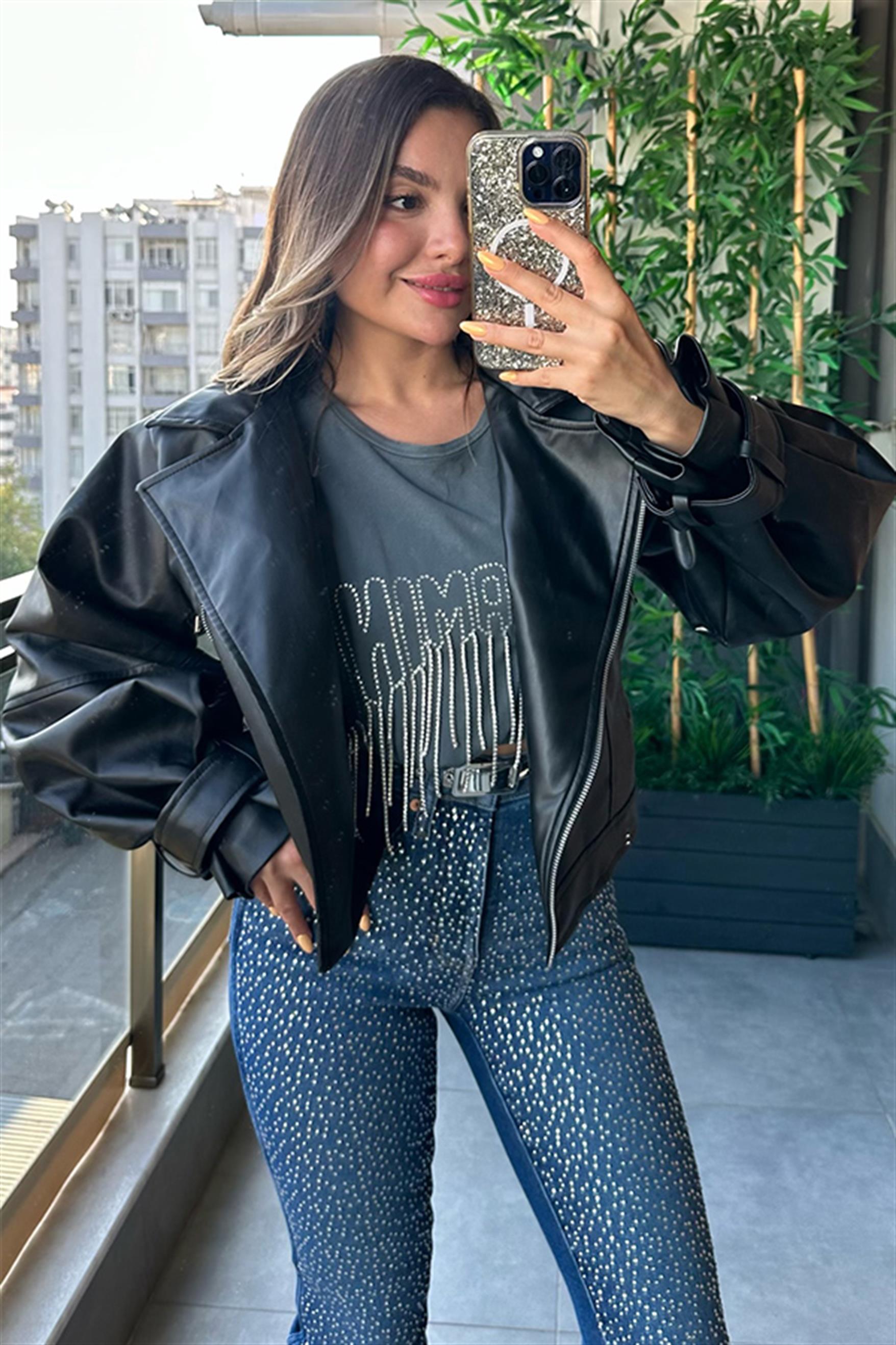 Dewil Cepli Biker Deri Ceket