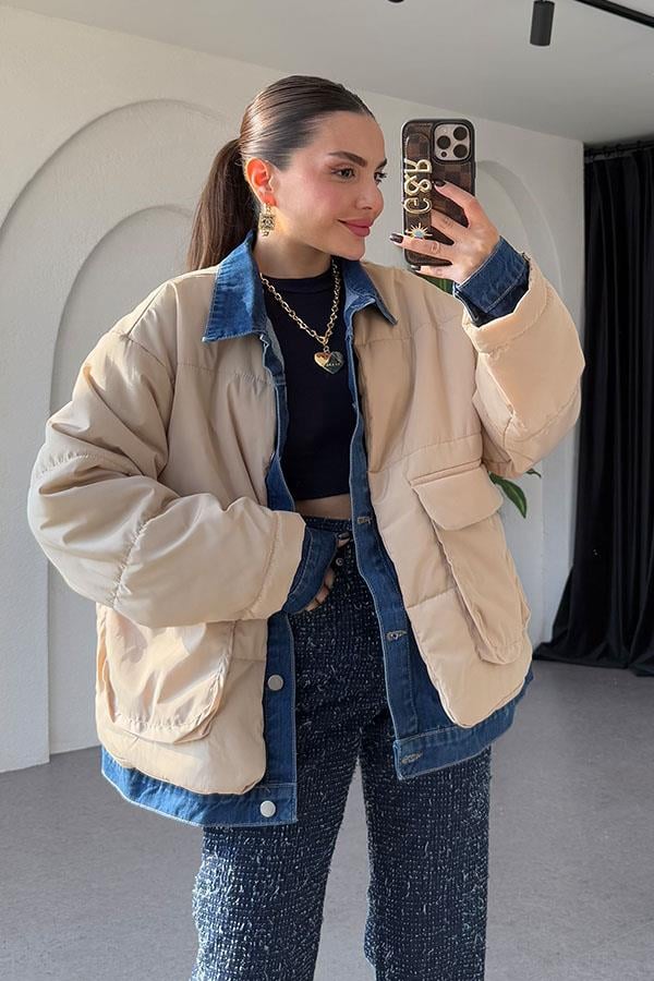 Diedre Bej Kot Detaylı Şişme Mont