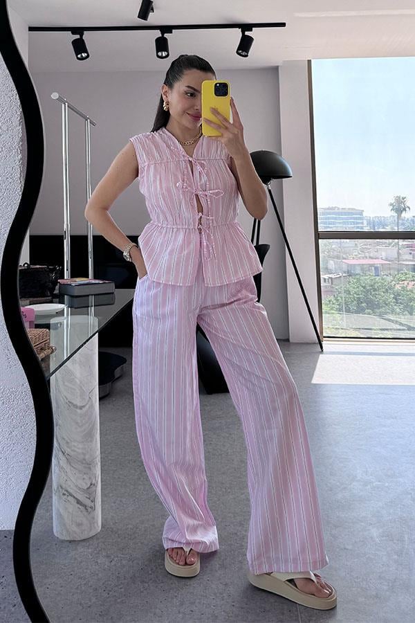 Domenica Pembe Çizgili Bağlamalı Takım