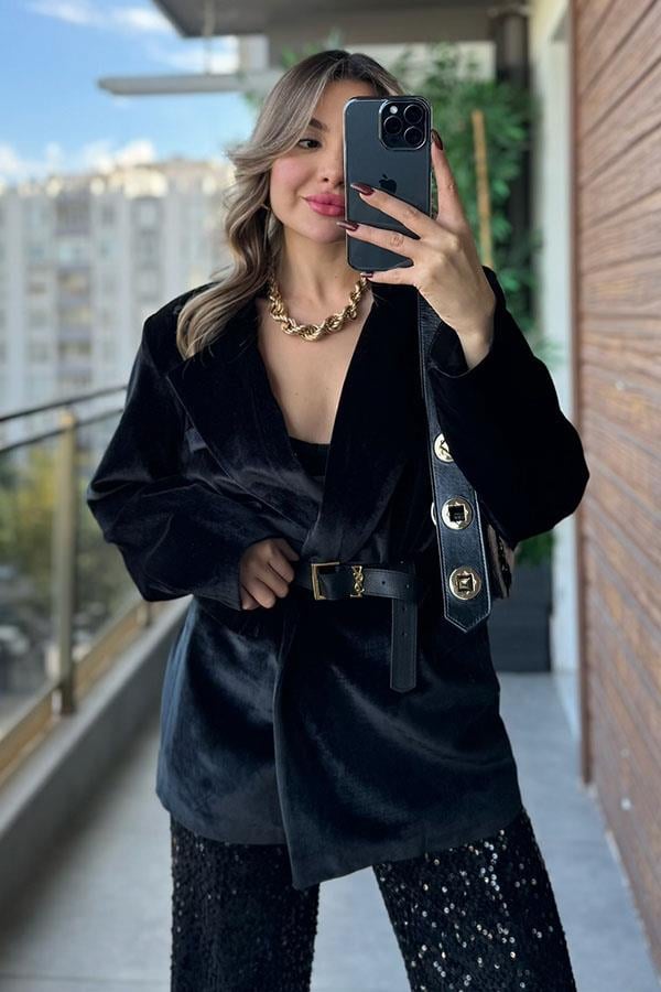 Doree Siyah Kadife Blazer Ceket