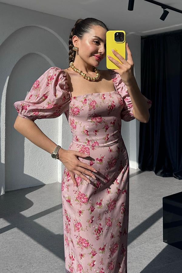 Dorina Balon Kol Kare Yaka Pembe Elbise