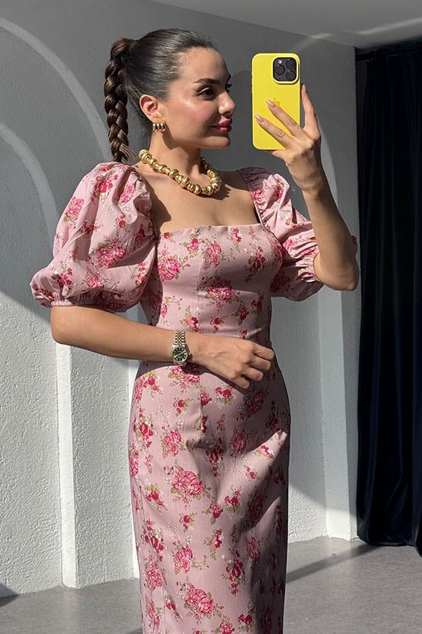 Dorina Balon Kol Kare Yaka Pembe Elbise