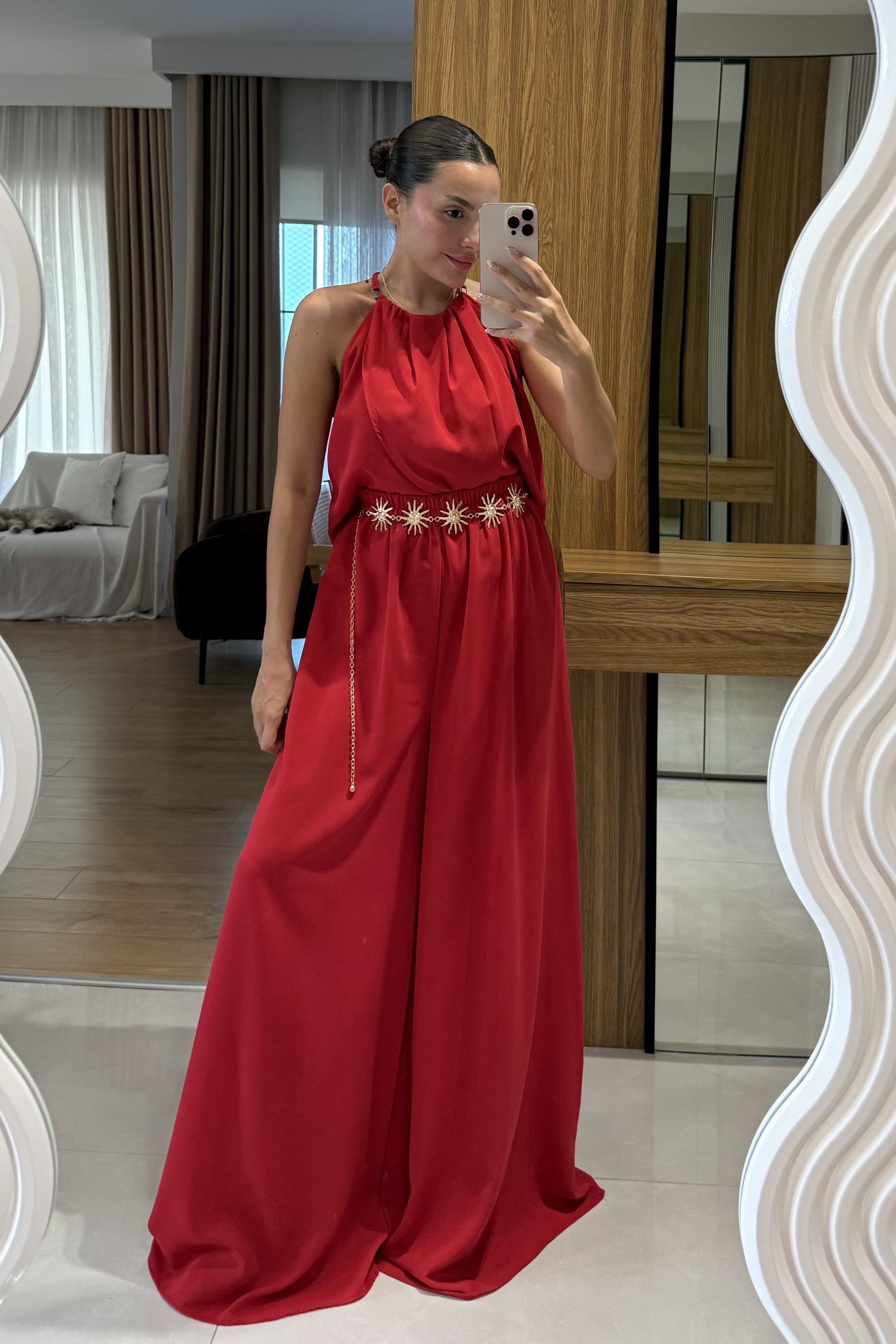 Draya Kırmızı Boyun Detaylı Pantolonlu Takım