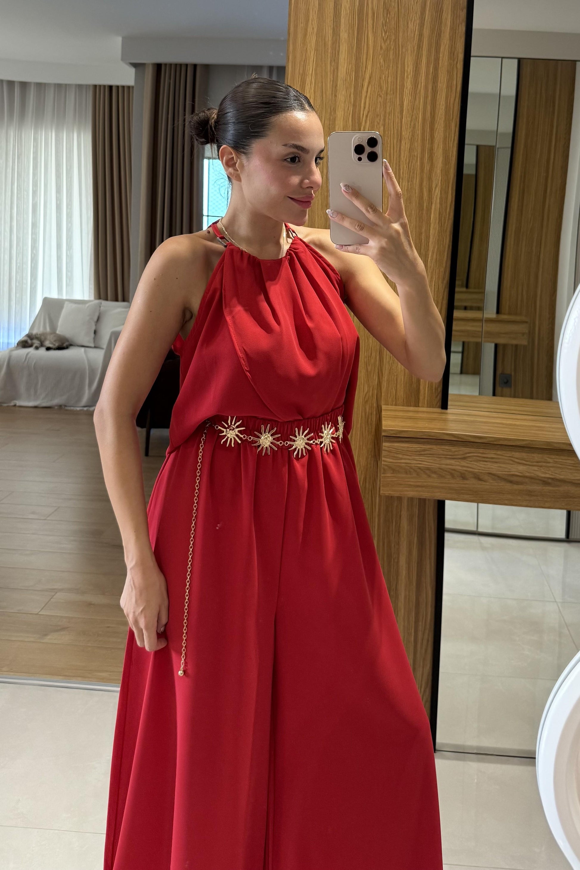 Draya Kırmızı Boyun Detaylı Pantolonlu Takım