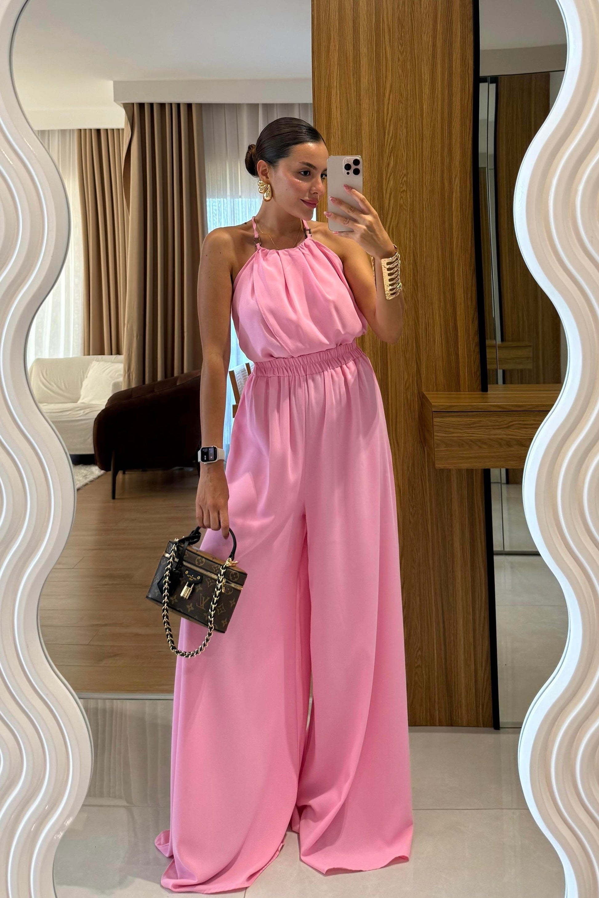 Draya Pembe Boyun Detaylı Pantolonlu Takım