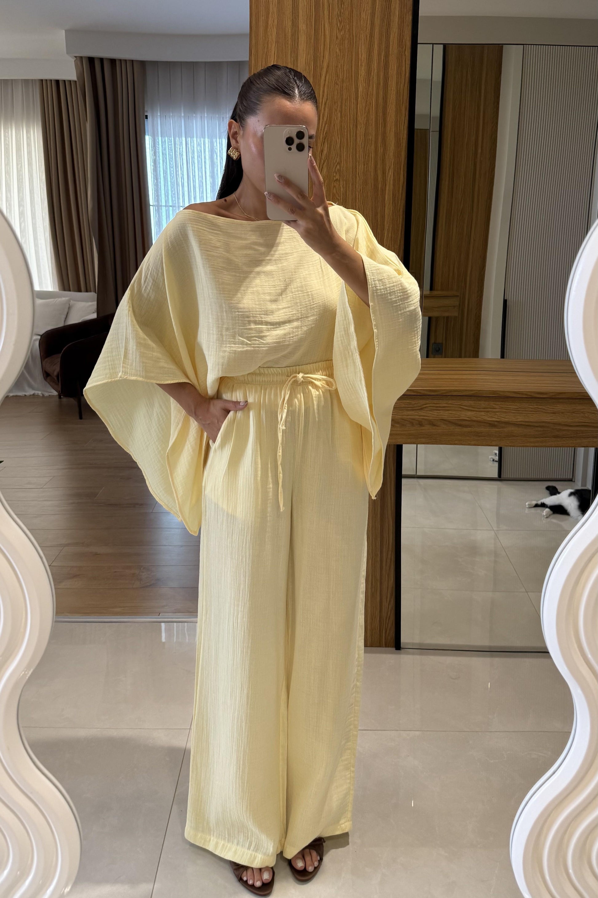 Dubai Sarı Yarasa Kol Müslin Takım