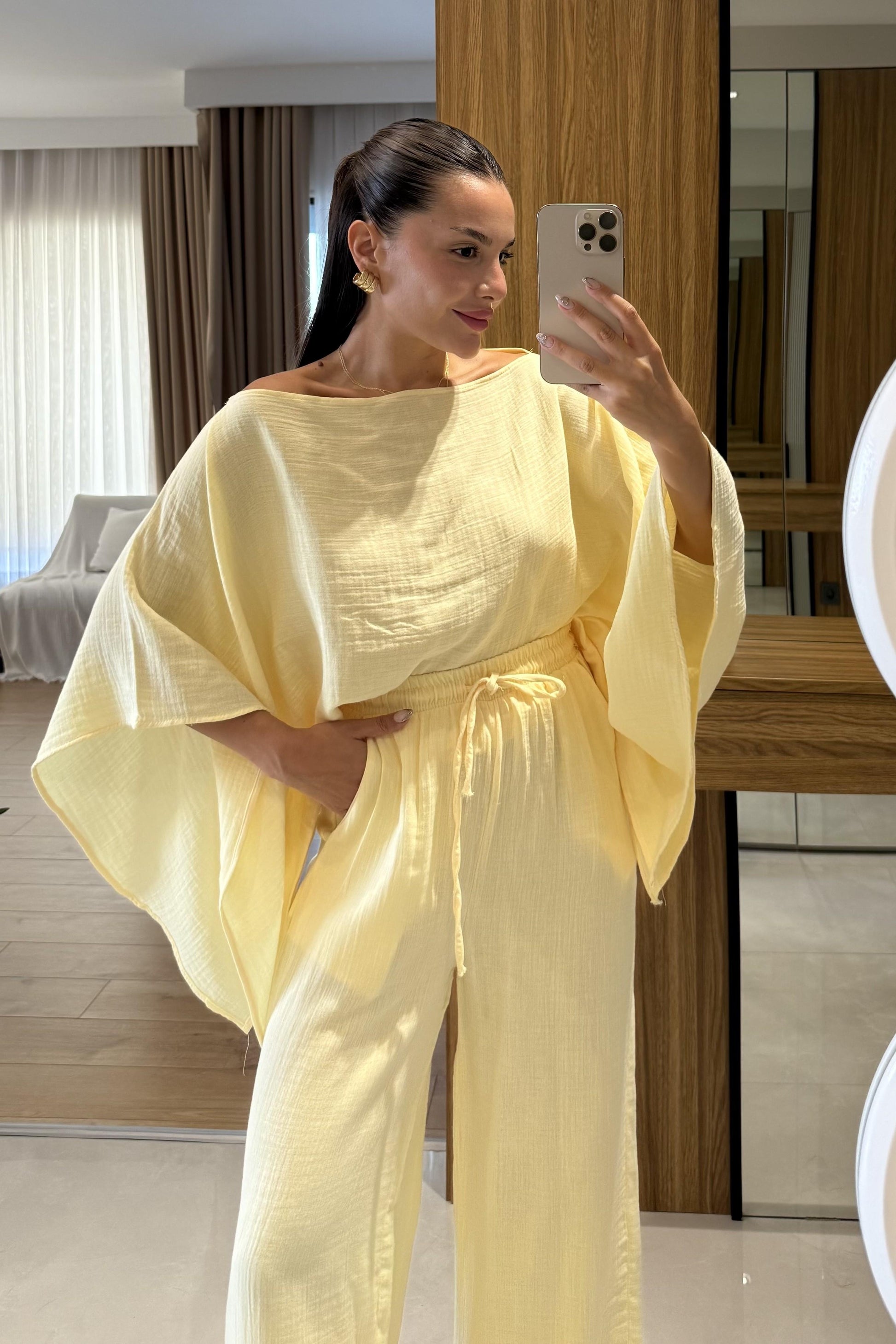 Dubai Sarı Yarasa Kol Müslin Takım