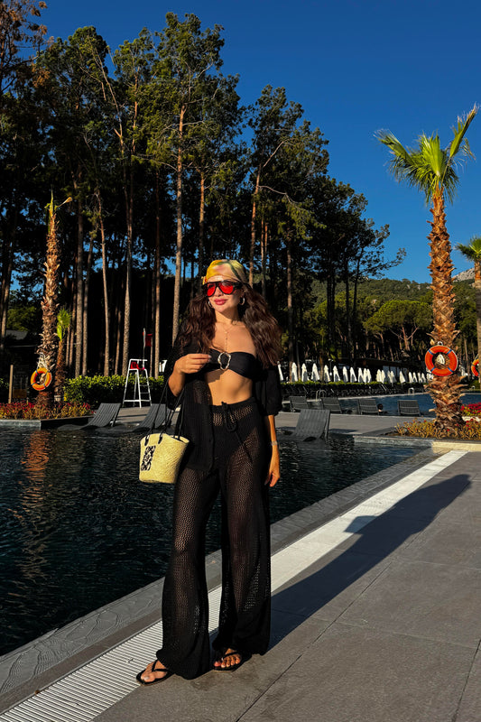 Edward Siyah Ajurlu Gömlek Pantolon Yazlık Takım