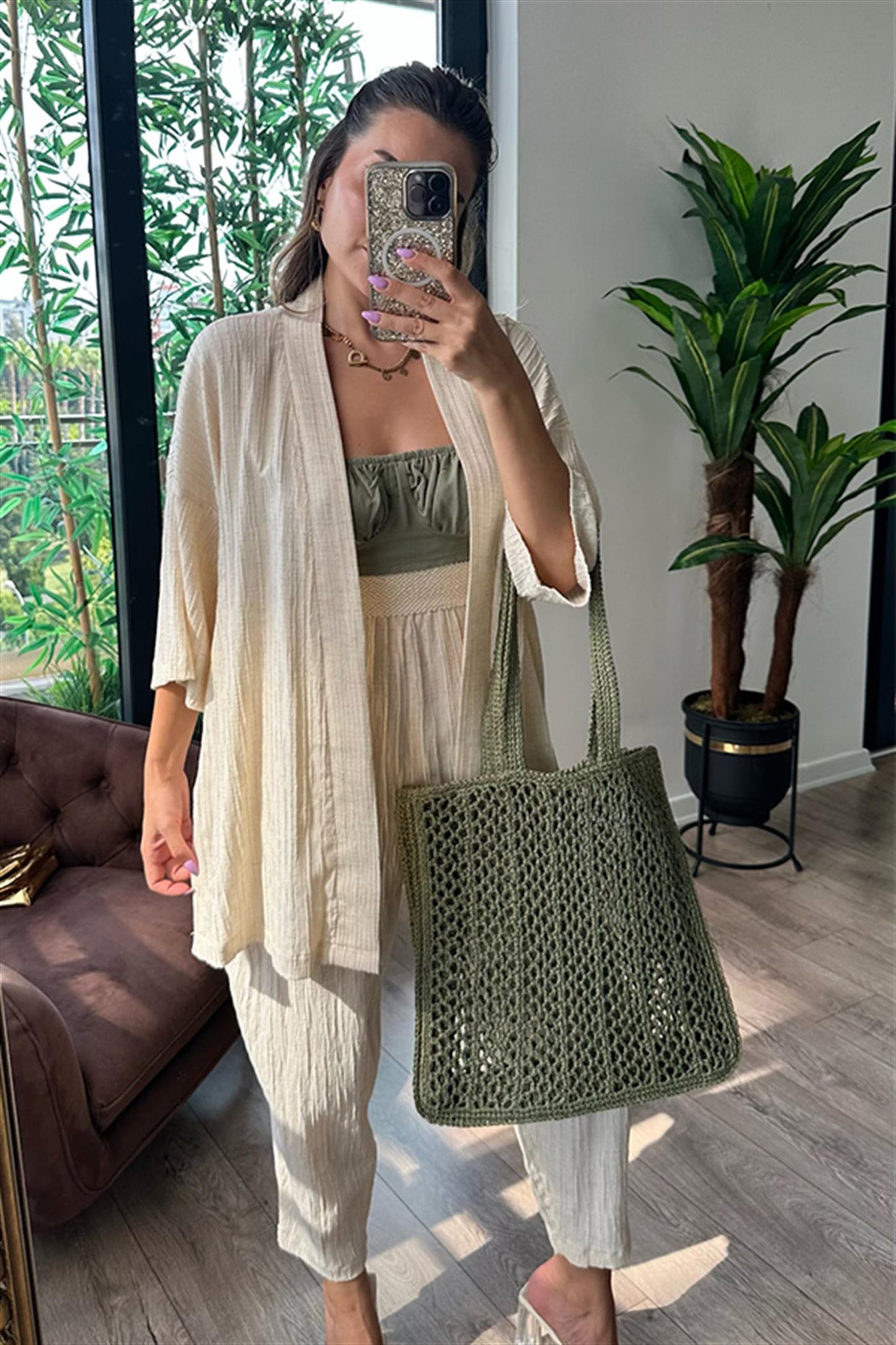 Ekru kimonolu gofre takım