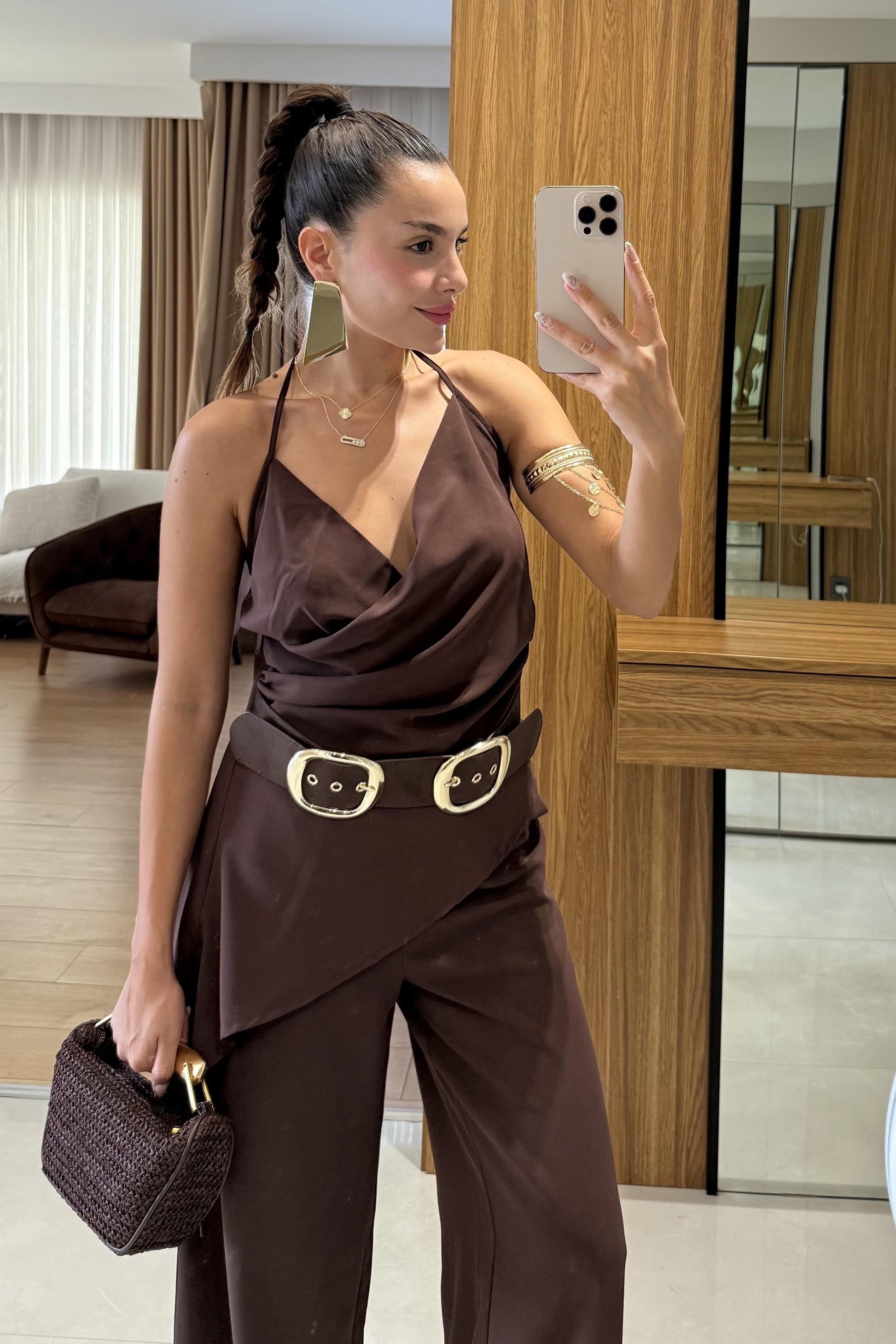 Elabella Kahve Çapraz Drapeli İkili Takım