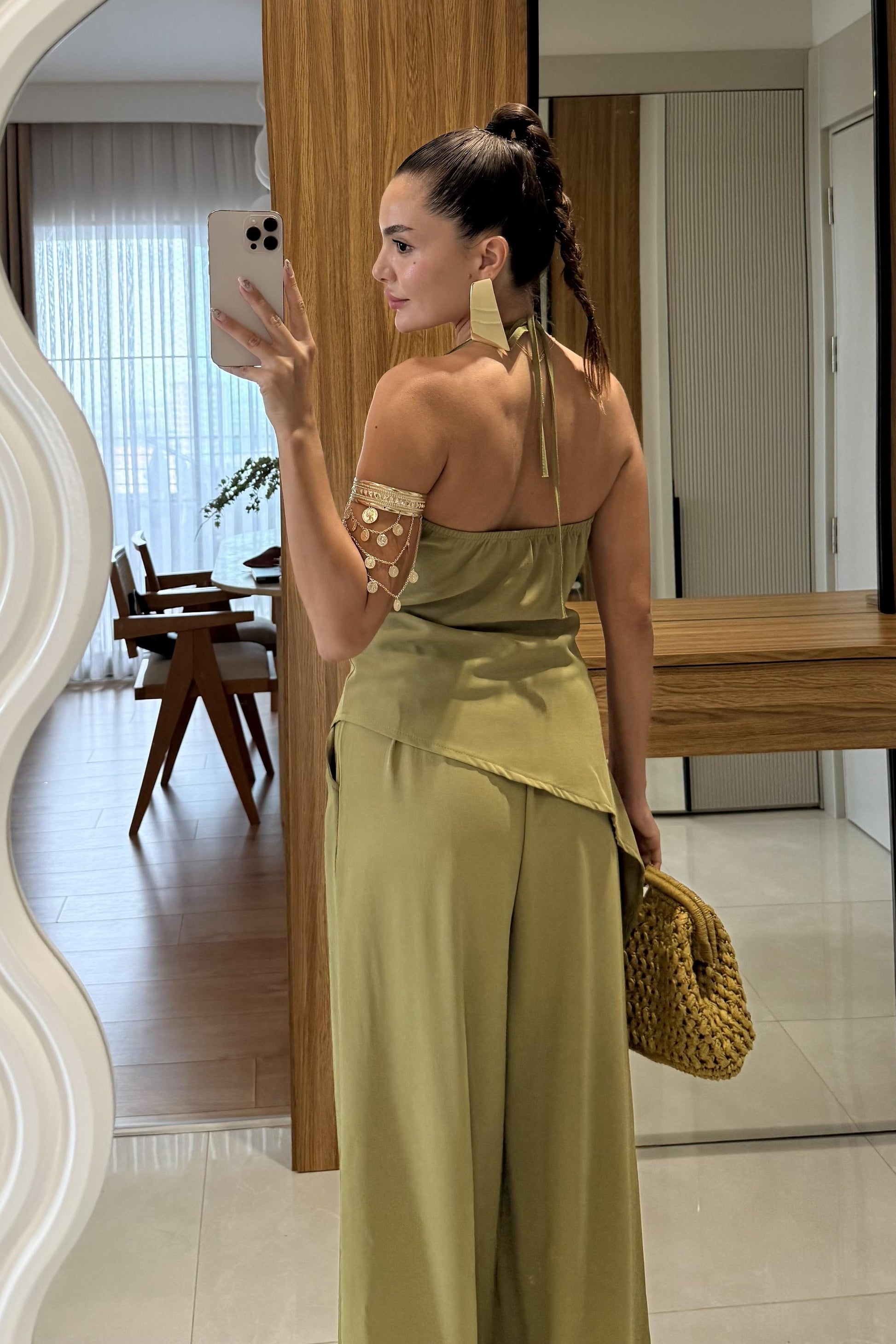 Elabella Yağ Yeşili Çapraz Drapeli İkili Takım