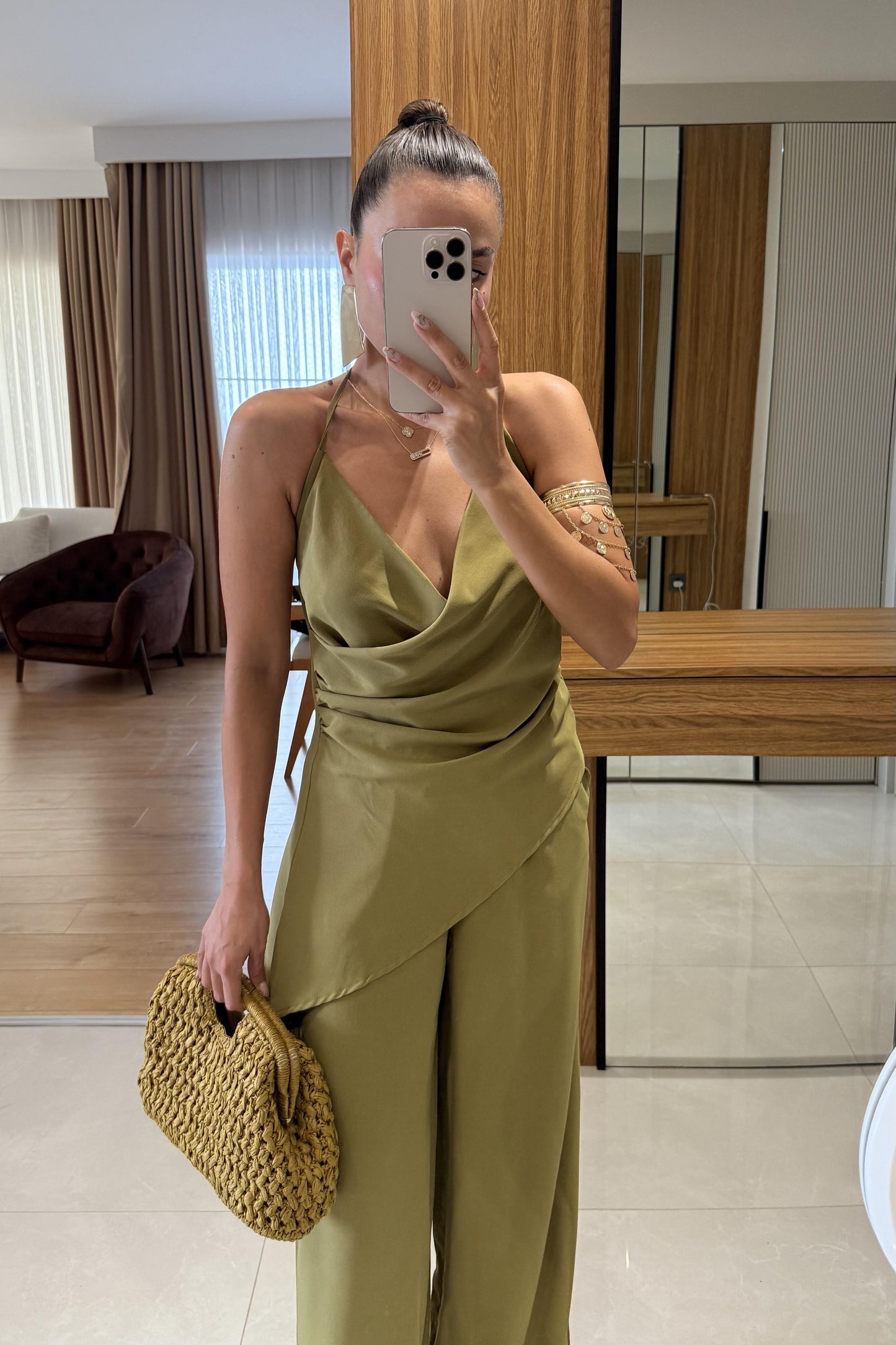 Elabella Yağ Yeşili Çapraz Drapeli İkili Takım