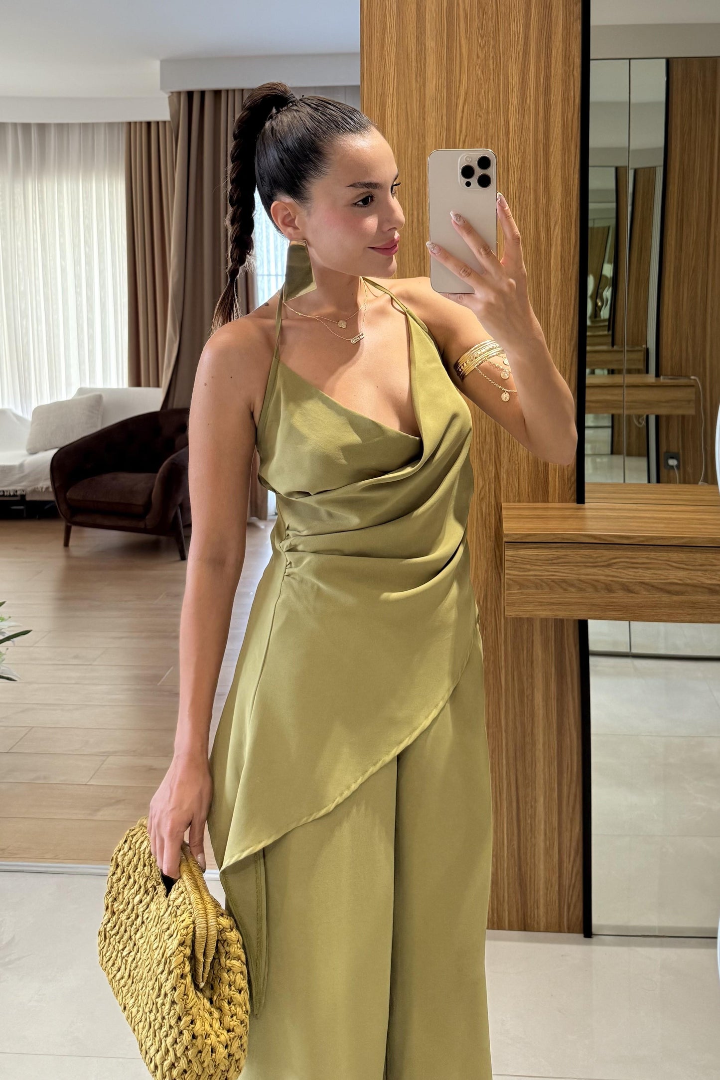 Elabella Yağ Yeşili Çapraz Drapeli İkili Takım