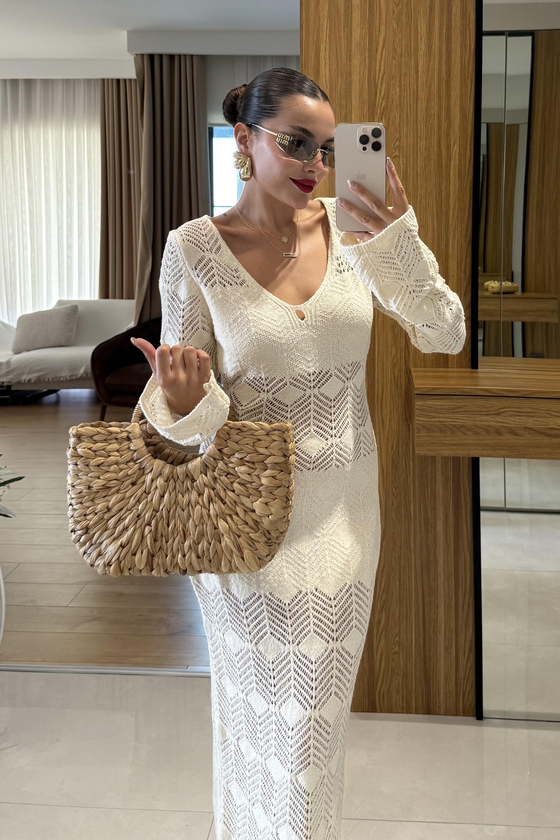 Elisara Beyaz Örgü Pareo Elbise