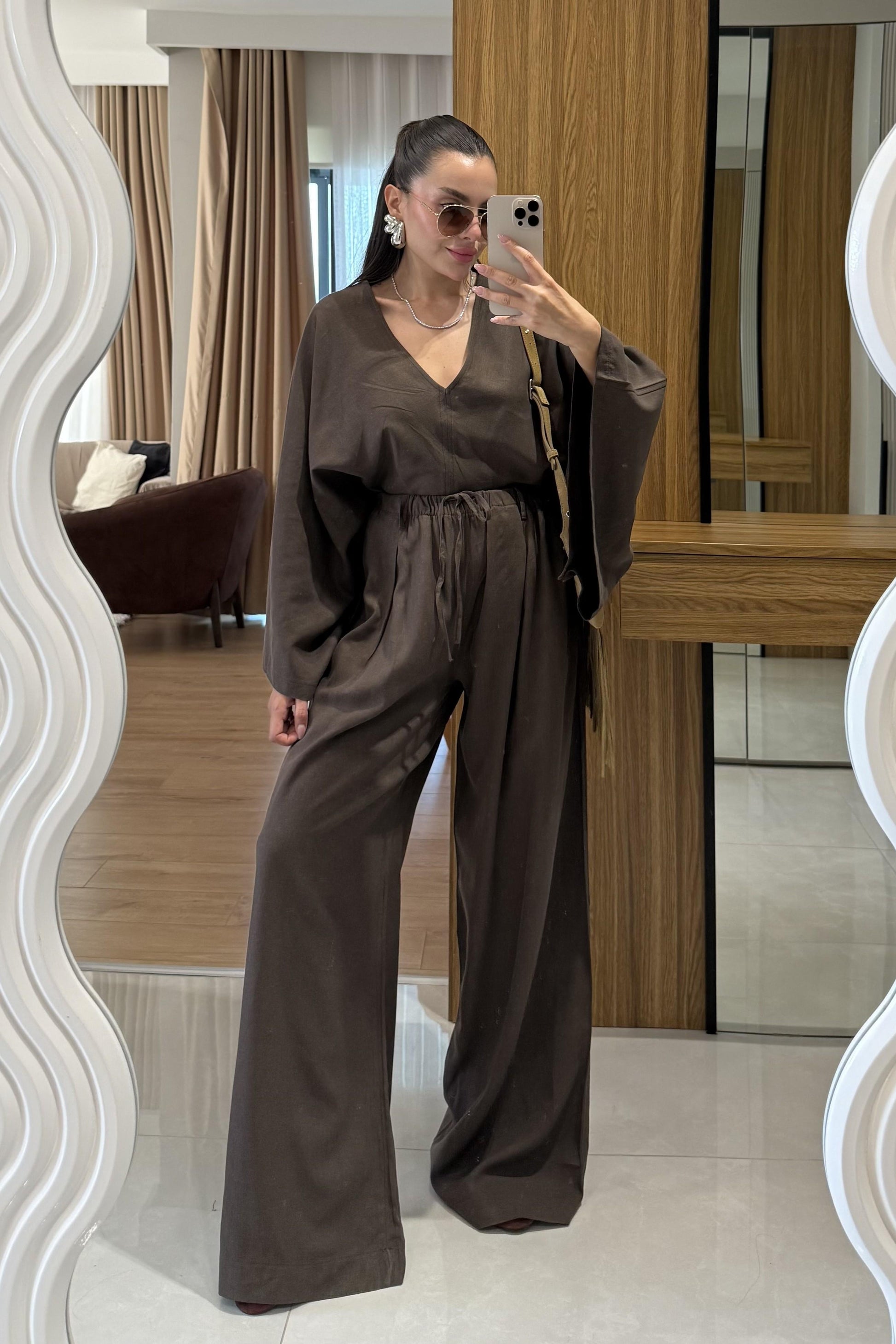 Eliska Acı Kahve Ham Keten Yarasa Kol Takım