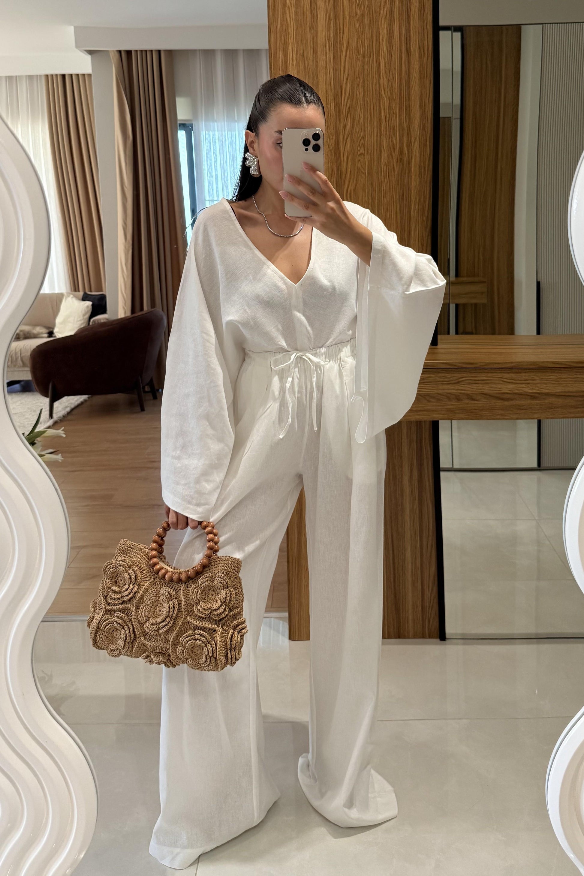 Eliska Beyaz Ham Keten Yarasa Kol Takım