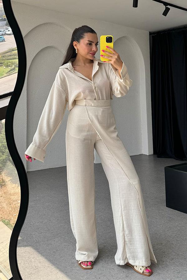 Eliza Kruvazeli Pantolon Gömlek Takım-Krem