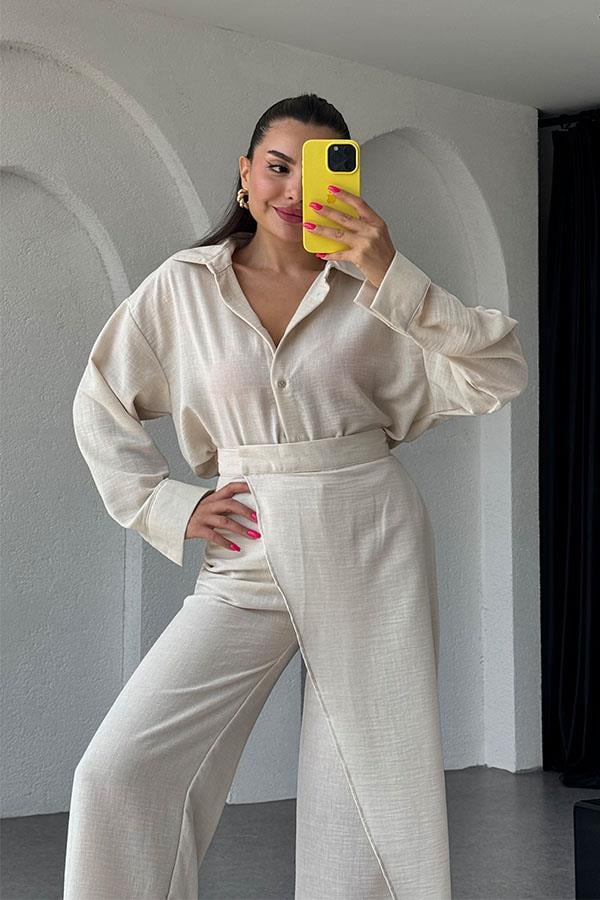 Eliza Kruvazeli Pantolon Gömlek Takım-Krem