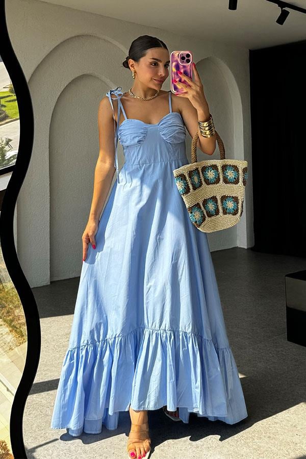 Eloise İp Askılı Poplin Elbise-Bebe Mavi