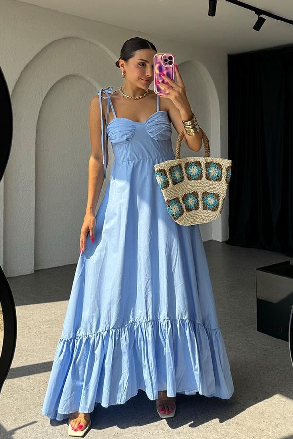 Eloise İp Askılı Poplin Elbise-Bebe Mavi