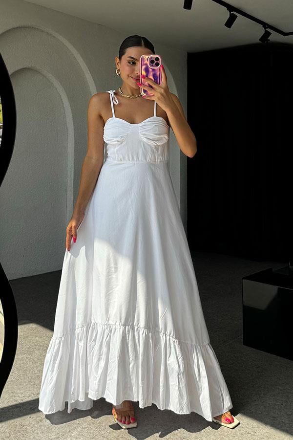 Eloise İp Askılı Poplin Elbise-Beyaz