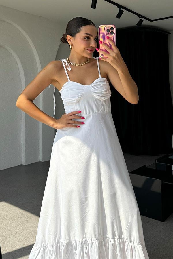 Eloise İp Askılı Poplin Elbise-Beyaz