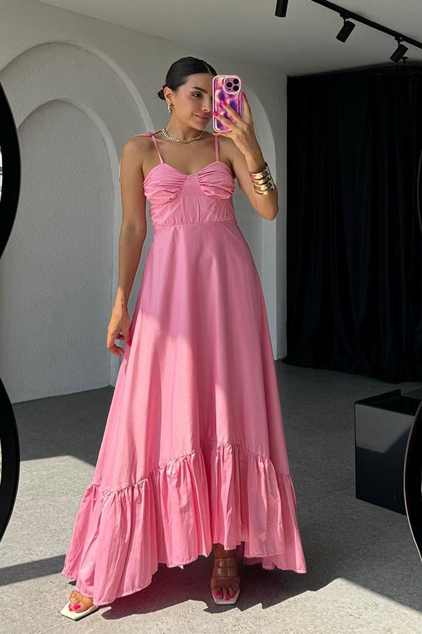 Eloise İp Askılı Poplin Elbise-Pembe