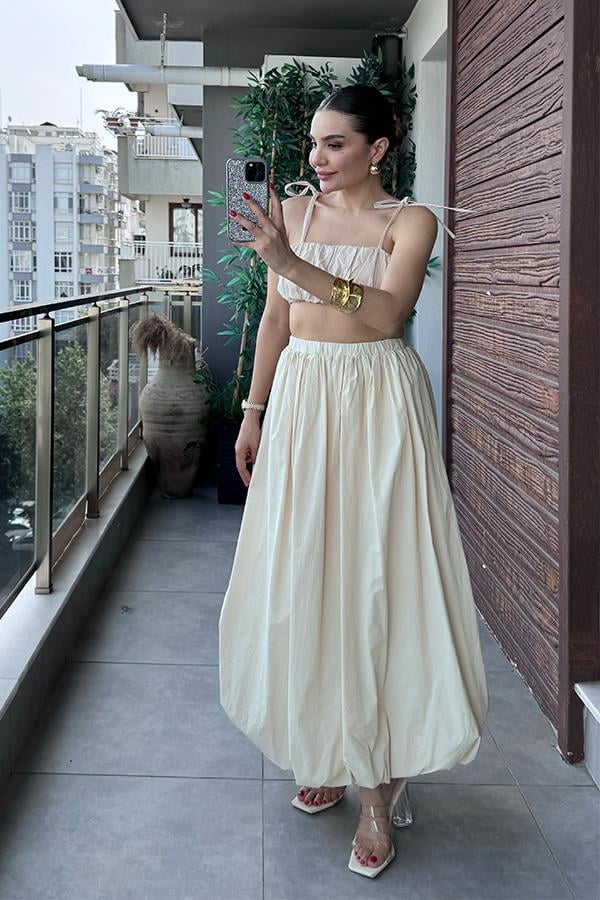 Elvin Balon Crop ve Etek Takım - Krem