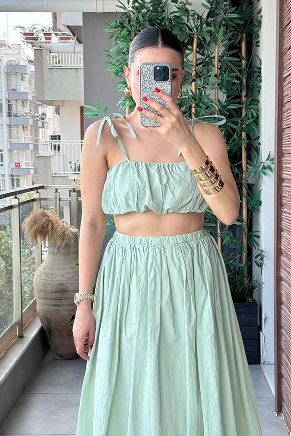 Elvin Balon Crop ve Etek Takım - Su Yeşil