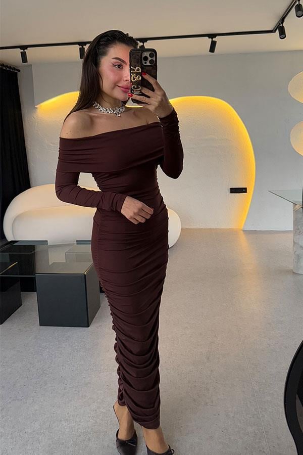 Elwine Acı Kahve Drapeli Madonna Yaka Elbise