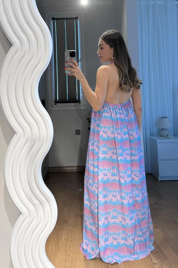 Elysia Desenli Uzun Viskon Elbise-Lila