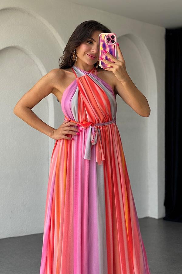 Emerald Orijinal Renkli Sırt Dekolteli Elbise