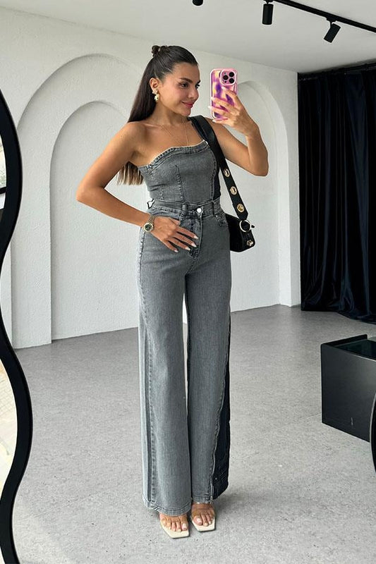 Erika Denim Straplez Crop Pantolon Takım-Füme