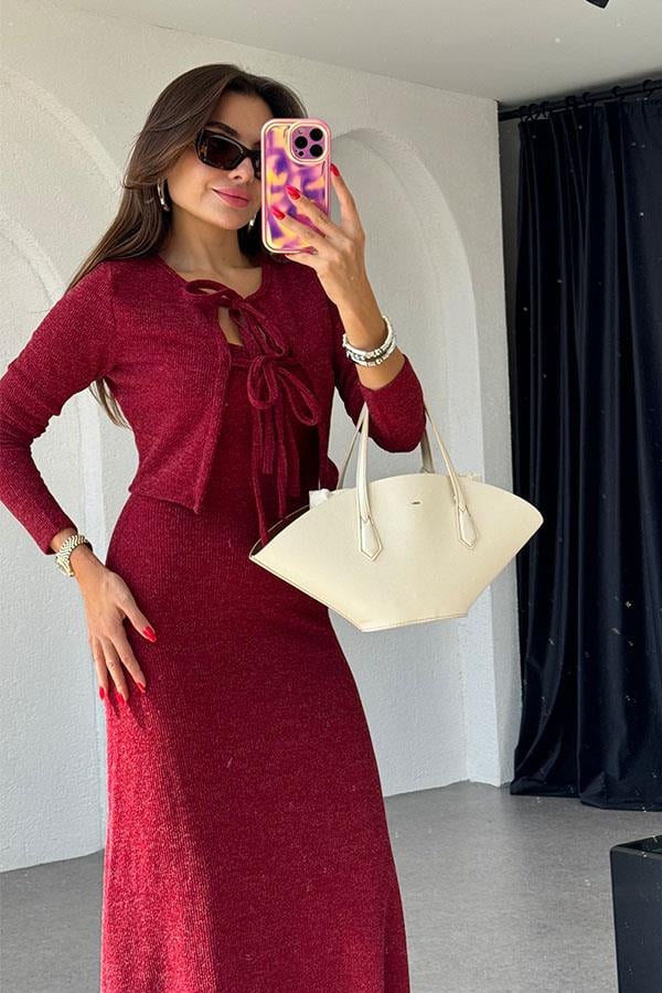 Estelle Hırka Elbise Bordo Takım