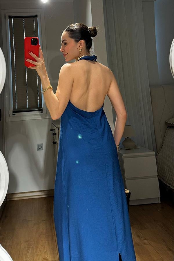 Esther Boyundan Bağlamalı Sırt Dekolteli elbise-Saks Mavi