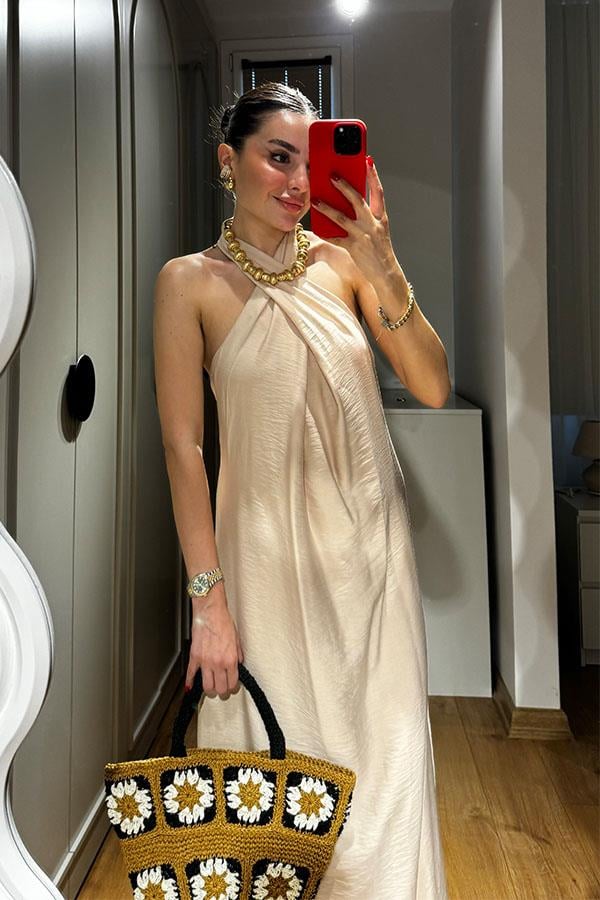 Esther Boyundan Bağlamalı Sırt Dekolteli elbise-Krem