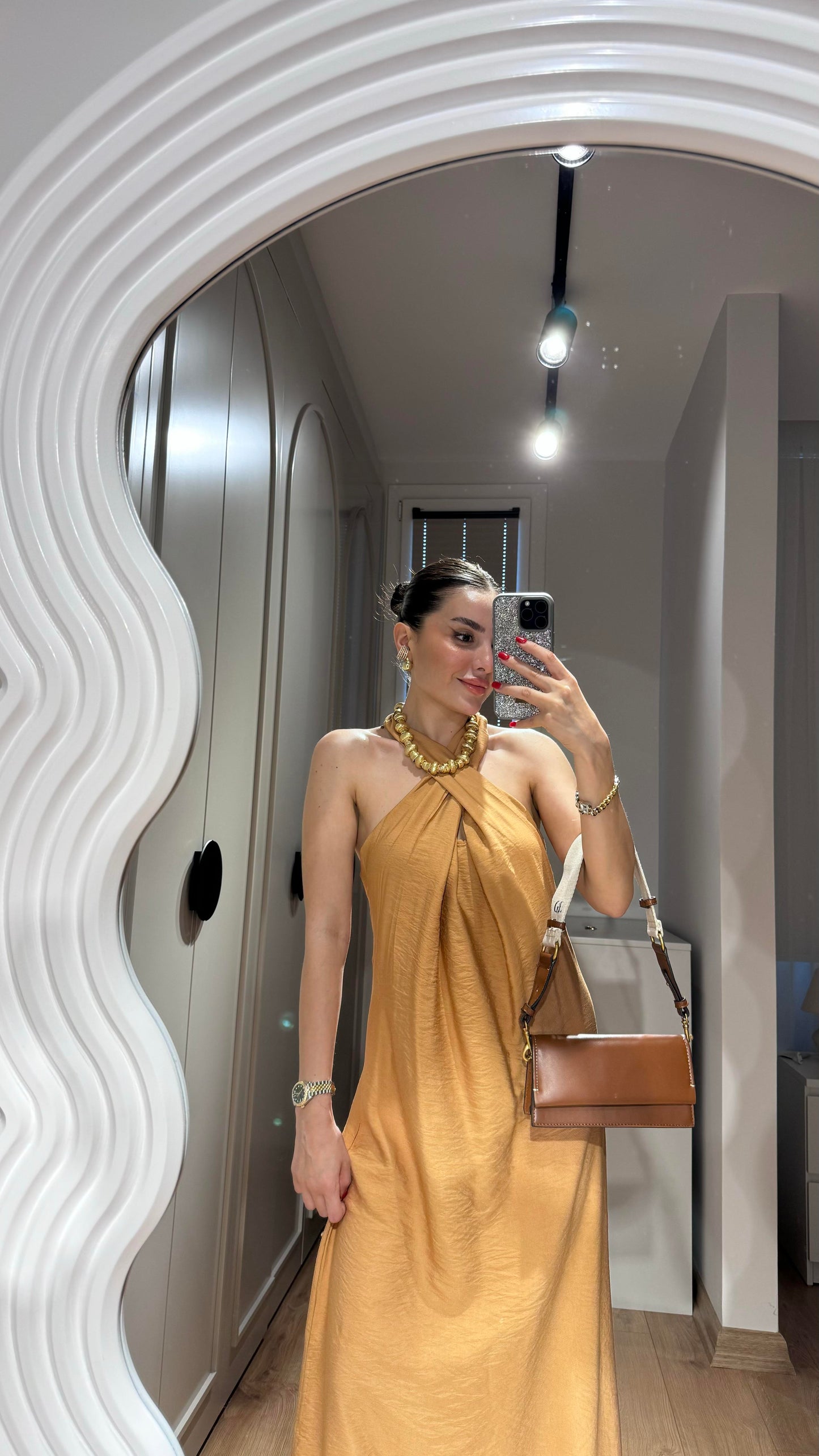 Esther Boyundan Bağlamalı Sırt Dekolteli elbise-Kiremit