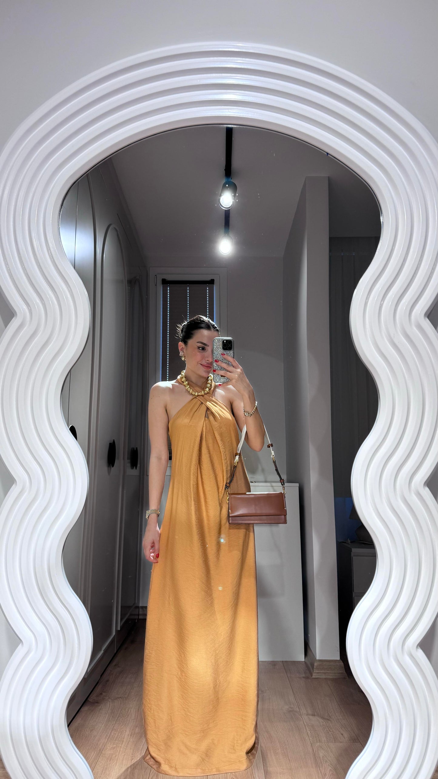 Esther Boyundan Bağlamalı Sırt Dekolteli elbise-Kiremit