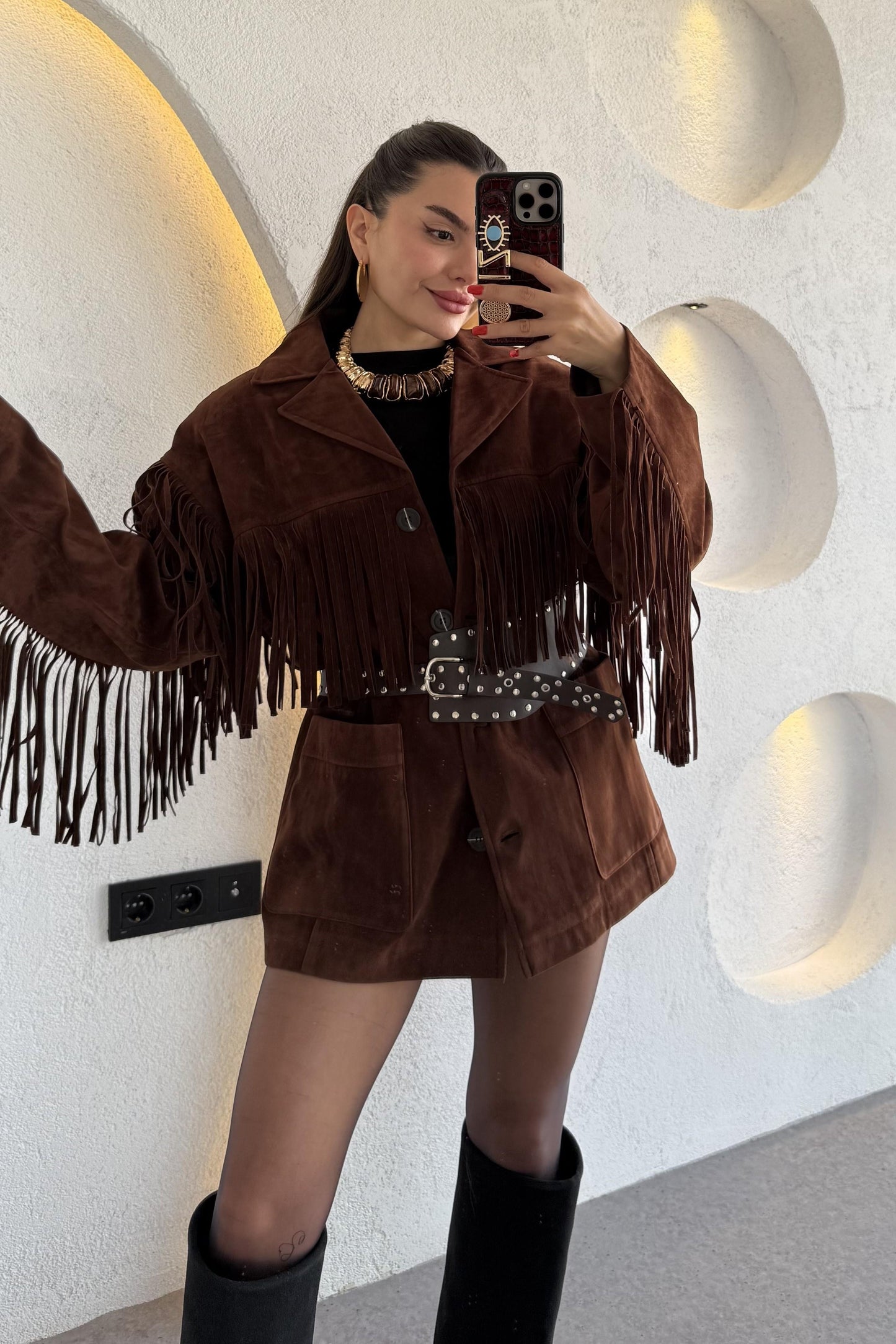 Exert Acı Kahve Püsküllü Süet Ceket