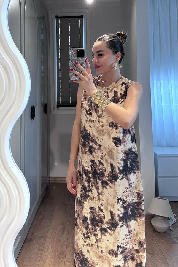 Fierte Kahverengi Desenli Elbise