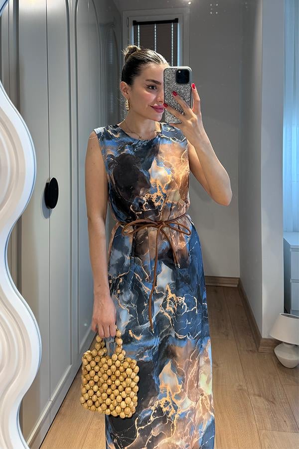 Fierte Mavi Turuncu Desenli Elbise